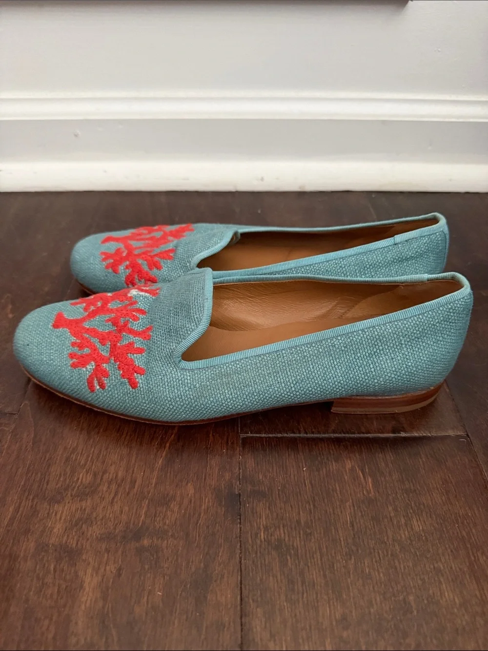 Stubbs & Wootton blue Coral Needlepoint Loafers Size 7.5
